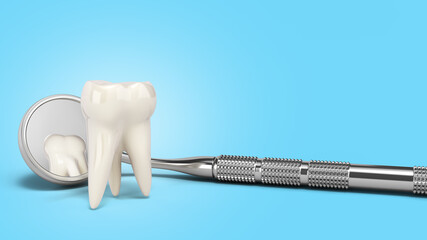 concept of hidden tooth in dental mirror 3d render on blue gradient