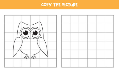 Copy the picture. Cute cartoon owl. Logical game for kids.