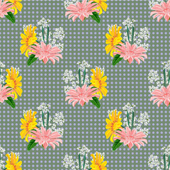 Fototapeta na wymiar Seamless pattern with floral print. Cute garden flowers on polka dot background. Design for fabric, wallpaper, gift wrapping, home textiles.