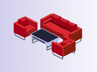 Vector of red sofa set with black table on grey background