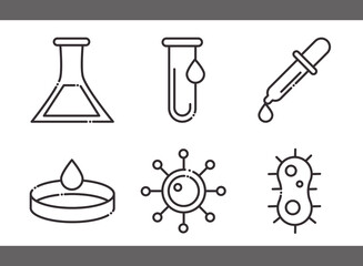 biology chemistry flasks virus bacteria science element line icons set style