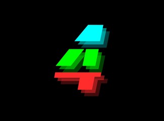 Obraz premium Rgb color font logo, 4 number vector desing.Dynamic split red, green, blue color on black background. For social media,design elements, creative poster, web template etc.