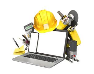 online calculation of construction costs building supplies fly out from laptop with a blank screen 3d render on white no shadow