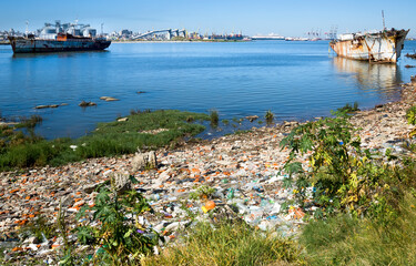 Panoramic view of contrasting cityscapes of port area in Montevideo