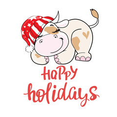 Cheerful cow in a hat of santa claus is sleeping on the inscription Happy Holidays on a white background. Vector cartoon. Symbol 2021