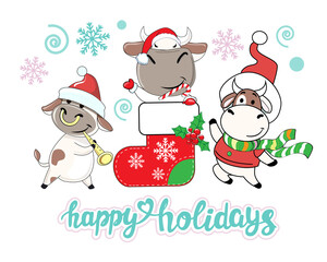 Christmas vector card with funny cows chinese symbol 2021