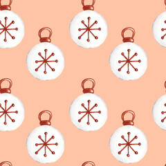 Seamless pattern with Christmas tree decoration - white ball with snowflake, traditional ornament. Hand painted watercolor illustration on light brown background