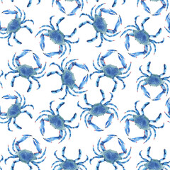 Beautiful vector seamless underwater pattern with watercolor blue crabs. Stock illustration.