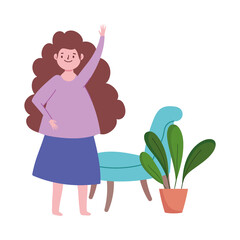 happy woman in room with plants cartoon isolated white background