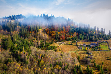 Colorful autumn morning in the Carpathian mountains. Sokilsky ridge