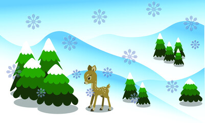 New Year and Christmas background with little baby deer among snowy winter forest