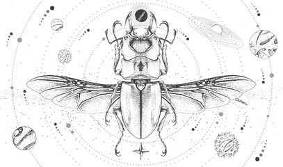 Modern magic witchcraft card with solar system and beetle. Hand drawing occult vector illustration