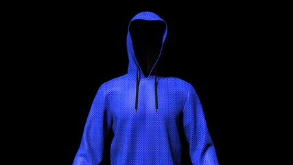 Anonimous hacker with blue hoodie in shadow under spot lighting background. Dangorous criminal concept image. 3D CG. 3D illustration. 3D high quality rendering.