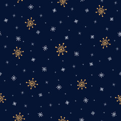 Fototapeta na wymiar Minimalism dark christmas pattern. Vector outline seamless illustration. Pattern with white and gold snowflakes. Printable art for wrapping paper, gifts, fabric, textile, invitation cards.