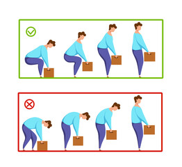 Lifting box correct and improper technique vector health care concept. Cartoon Illustration 