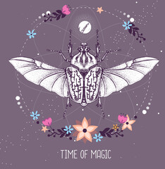 Modern magic witchcraft taros card with Goliath beetle on astrology background. Vector illustration