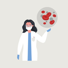 Woman scientists shows blood cells infected with virus. Flat vector illustration.
