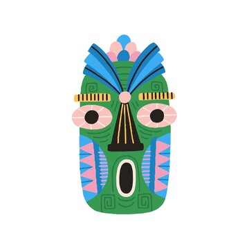 Funny ethnic tiki tribal mask with huge eyes and open mouth. Dreaded ancient ritual symbol or souvenir. Hand drawn flat vector illustration isolated on white background. Clip art element for design