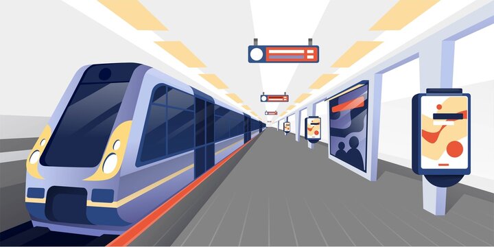 Train at subway station background. Modern metro platform vector illustration. Public transport interior of underground in city. Horizontal cityscape panorama with ad banners