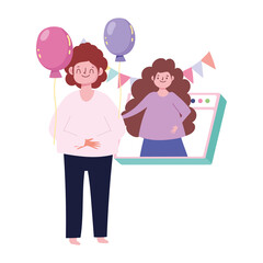 online party, man and woman celebrating by internet website meeting