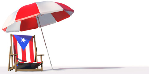 Flag of Puerto Rico on a beach chair under big umbrella. Vacation or travel conceptual 3d rendering