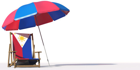 Beach chair with flag of the Philippines and large umbrella. Travel or vacation concepts, 3d rendering