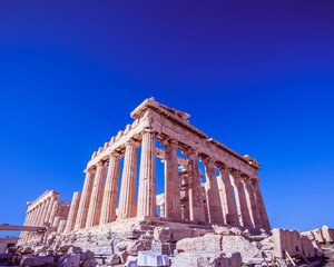 Parthenon ancient temple east front, standing on Acropolis hill Athens Greece, space for your text