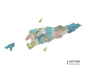 East Timor higt detailed map with subdivisions. Administrative map of East Timor with districts and cities name, colored by states and administrative districts. Vector illustration.
