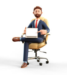 3D illustration of happy smiling businessman pointing finger at blank screen laptop computer. Cartoon bearded man working in office and sitting in roller armchair, isolated on white background.