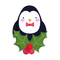 merry christmas, penguin with holly berry celebration icon isolation