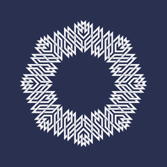 Circular pattern in Asian intersecting lines style. White eight pointed mandala in snowflake form on blue background.