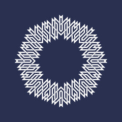 Eight pointed circular pattern in Oriental intersecting lines style. White mandala in snowflakes form on blue background.