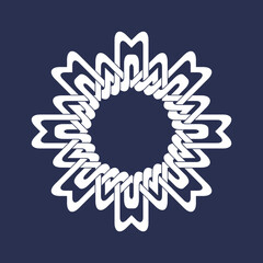 Circular pattern in Asian intersecting lines style. White eight pointed mandala in snowflake form on blue background.