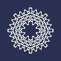 Eight pointed circular pattern in Oriental intersecting lines style. White mandala in snowflakes form on blue background.