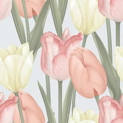 Gordijnen Naadloze bloemmotief, verschillende tulp bloemen en bladeren op helder grijs © momosama