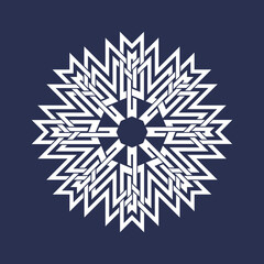 Circular pattern in Asian intersecting lines style. White eight pointed mandala in snowflake form on blue background.