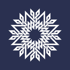 Eight pointed circular pattern in Oriental intersecting lines style. White mandala in snowflakes form on blue background.