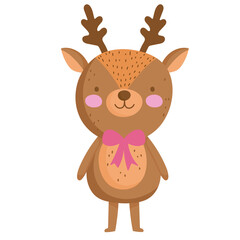 merry christmas, cute reindeer with bow celebration icon isolation