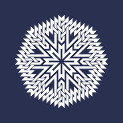 Circular pattern in Asian intersecting lines style. White eight pointed mandala in snowflake form on blue background.