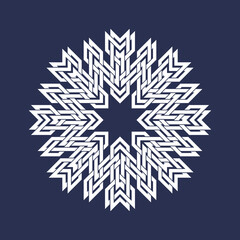 Circular pattern in Asian intersecting lines style. White eight pointed mandala in snowflake form on blue background.