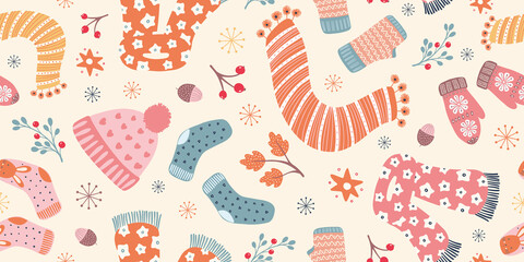 Autumn Hygge banner design background. Cute vector Fall seamless repeat border of cosy elements.