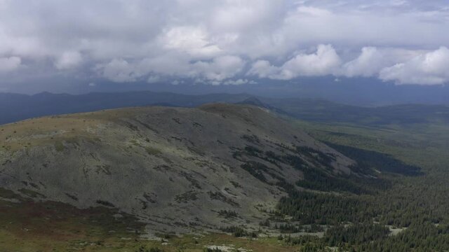 Aerial views of Mount Iremel in cloud, the Southern Urals