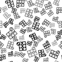Black Pills in blister pack icon isolated seamless pattern on white background. Medical drug package for tablet, vitamin, antibiotic, aspirin. Vector Illustration.