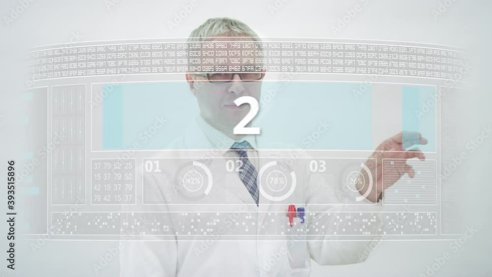 Poster scientist wearing white lab coat counts down to 1 on a computer screen