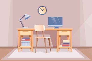 Modern home office interior design background. Room at home for work with chair, table with lamp and computer monitor, clock on wall. Empty cosy area for working vector illustration
