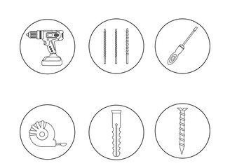 A set of icons from construction tools. Pins. Drilling machine, drill, screwdriver, self-tapping screw, dowel, tape measure. Power tools, hammer drill. Picture for coloring. Outline.