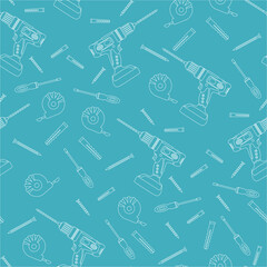 Pattern from construction tools. Drilling machine, drill, screwdriver, self-tapping screw, dowel, tape measure. Power tools, hammer drill. Mounting element. Outline.