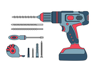 A set of construction tools. Drilling machine, drill, screwdriver, self-tapping screw, dowel, tape measure. Power tool, perforator. Fastening element.