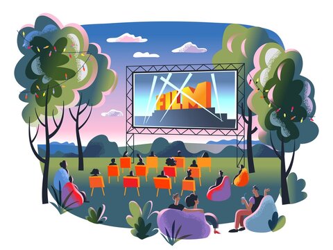 Outdoor Cinema, Open Air Movie Night. Screen With Film Outdoor Theatre Vector Illustration. Happy People Sitting On Chairs In Park. City Entertainment Event On Summer Night