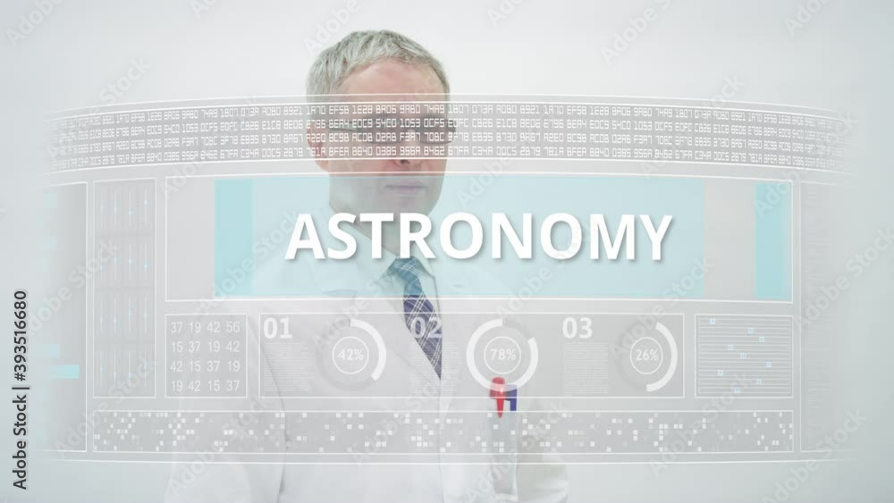 Poster screen with astronomy text in front of a scientist
